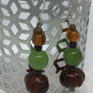 Artisan Earrings Silver Tone Glass and Stone Bead